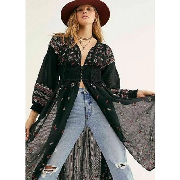 Free People NWT Mykonos Embroidered Open Front Duster Dress Black Women's Large - Picture 2 of 12